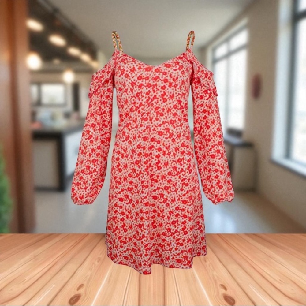 Michael, Michael Kors, Cold Shoulder Long Sleeve Floral Red Dress size Large